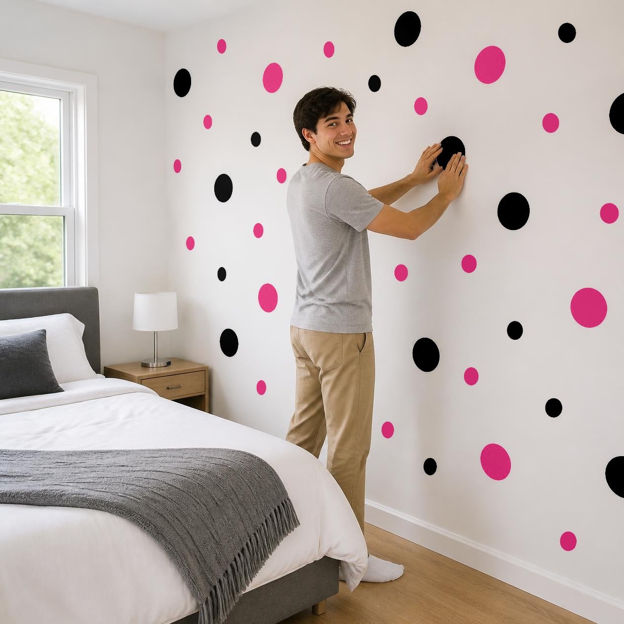 Black and Hot Pink Polka Dot Wall Decals, 2" and 4" Vinyl Circle Stickers, Removable Dot Decals for Nursery, Kids Room, Playroom product image (4)