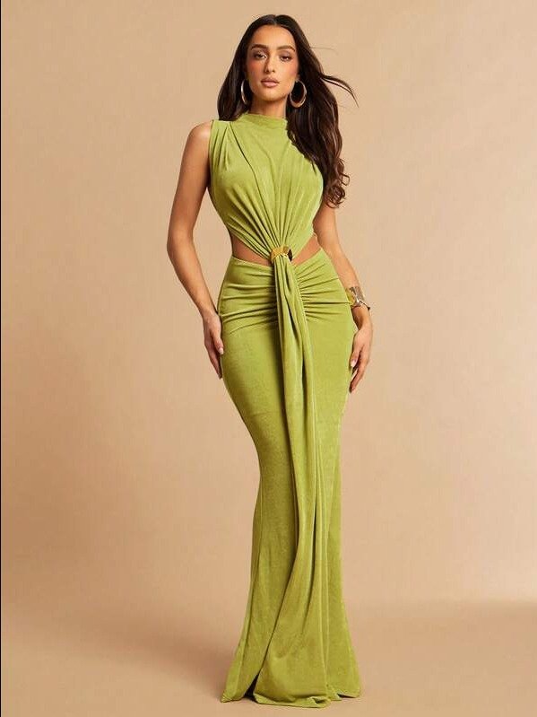 ADLEST Elegant Women's Dress With Cutout And Metallic Ruching At The Waist; Sleeveless Dress; Elegant Attire; Bridesmaid Dress; Wedding Dress product image (1)