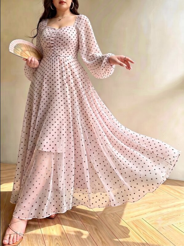 Modelyn Spring/Autumn Polka Dot Cinched Cinched Waist Elegant Fashionable Flared Long Dress Brunch Tea Party Light Pink product image (4)