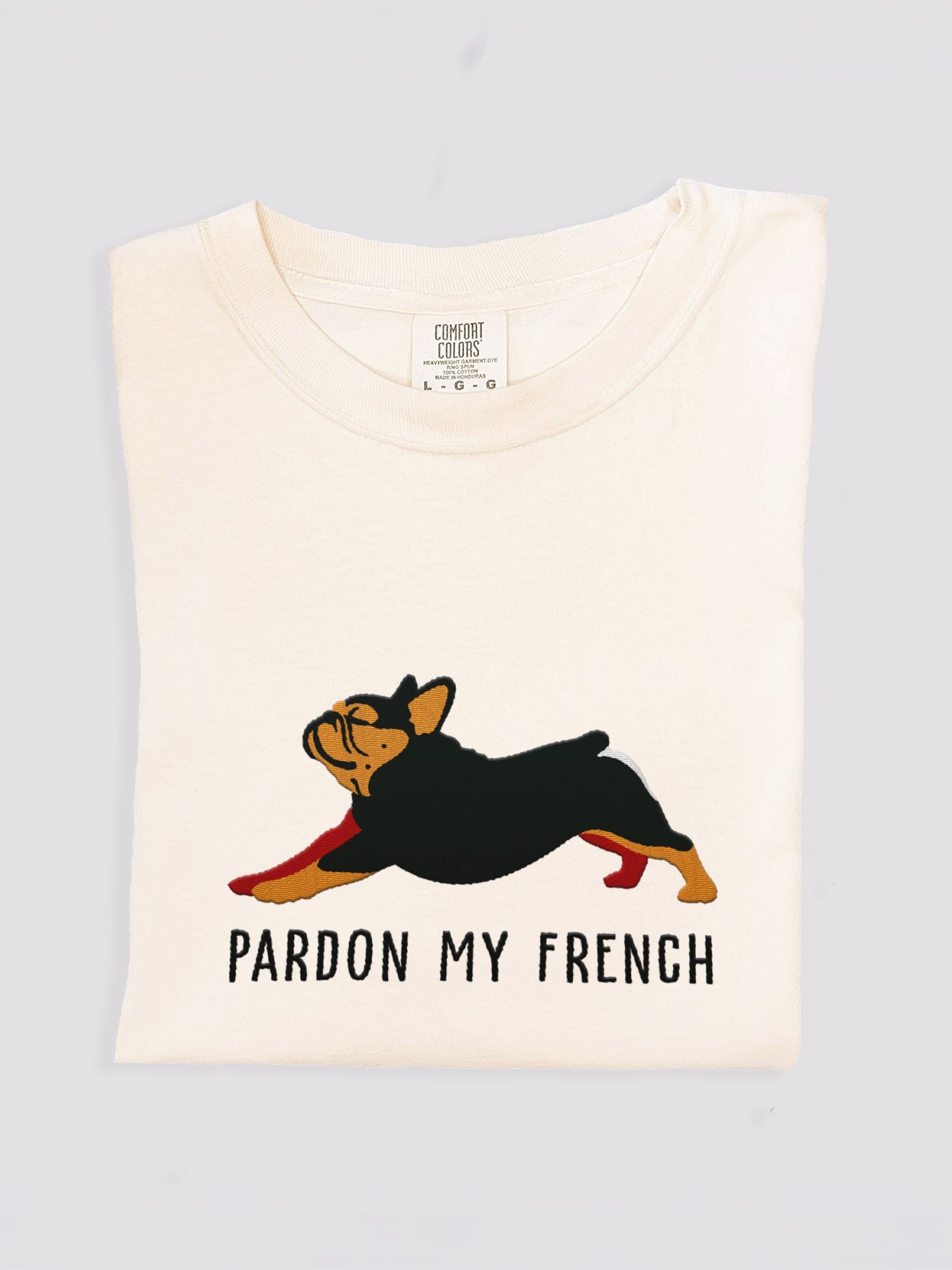 Pardon My French T-Shirt(Embroidered) of a French Bulldog(Black & Tan) product image (2)