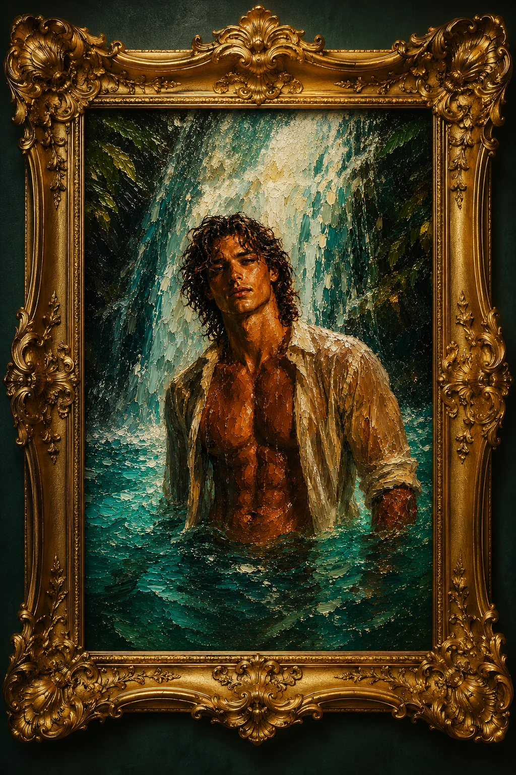 Romantic Waterfall Oil Painting Poster, Handsome Man in Turquoise Tropical Waterfall Art product image (1)
