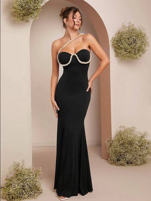 legant Beige Jersey Faux Pearl Embellished Bustier Mermaid Maxi Dress, Women Dresses, Prom Dress, Part Women Dresses, Wedding Dress, Elegant Women Dresses product image (1)