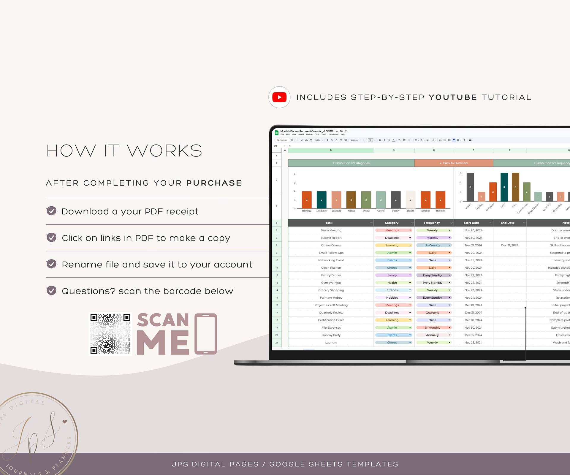 Recurring Task Manager, Google Sheets Template, Dynamic Monthly Calendar product image (11)
