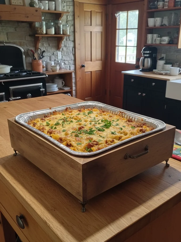 Handmade Wooden Buffet Server | Half-Size Steam Table Pan Holder with Antique Brass Handles & Decorative Feet | Rustic Serving Tray product image (1)