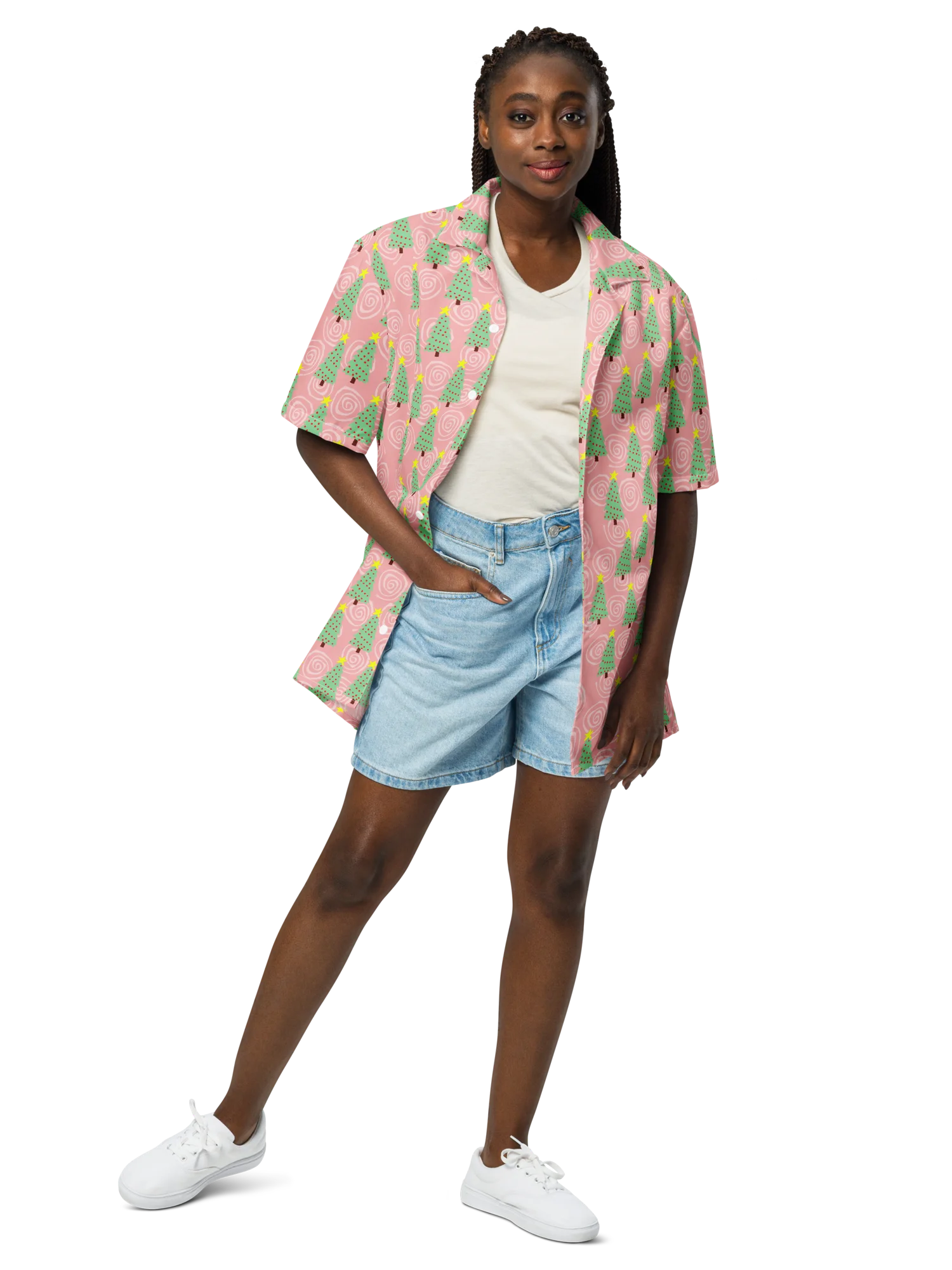 Mint Green Christmas Trees on Pink Oversized Button Down Shirt product image (6)