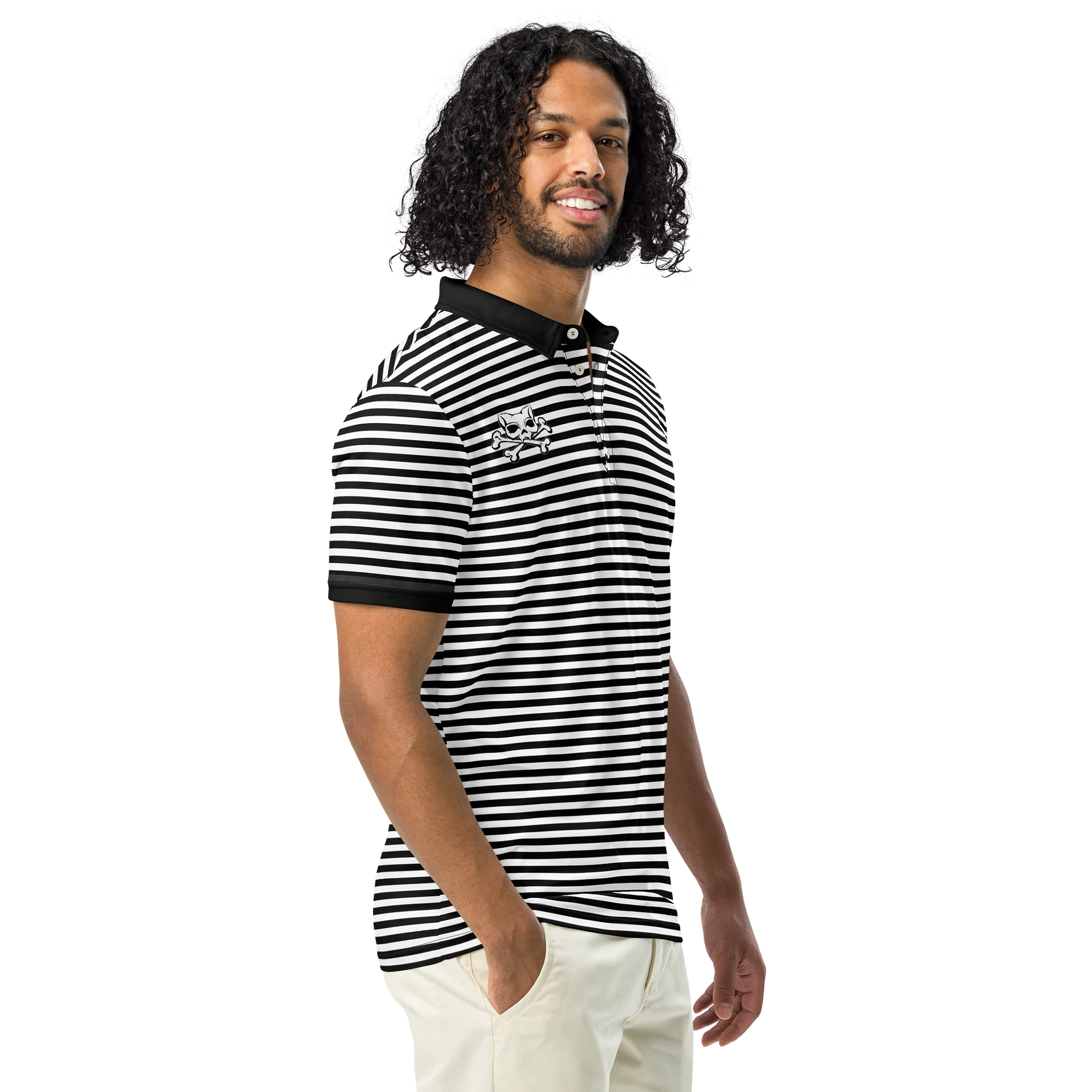 White and Blaque Stripped Kat Skull Polo product image (1)