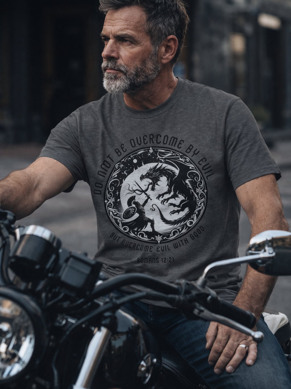 Overcome Evil T-Shirt, Christian Soldier Knight in Armor Battling Dragon Men's Design Tee product image (36)