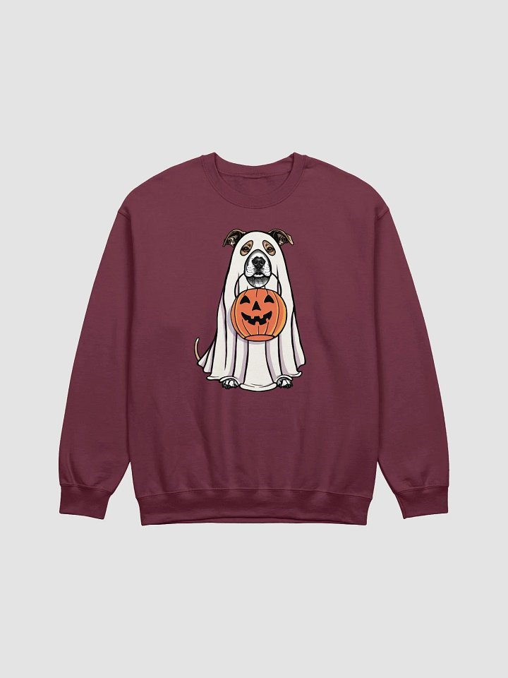 Funny Halloween Staffordshire Terrier(Fawn) Sweatshirt | Funny Staffy Wearing a Ghost Costume and Holding a Pumpkin Basket product image (1)