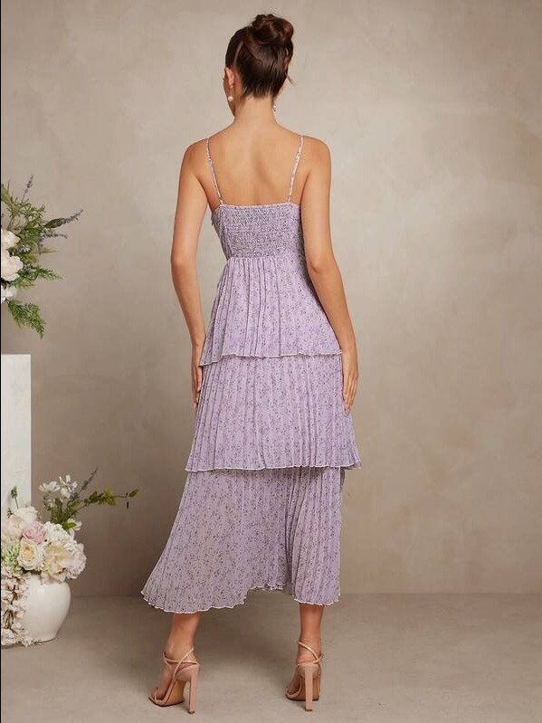 ADLEST Women's Elegant Ditsy Floral Pleated Slit Dress, Summer product image (2)