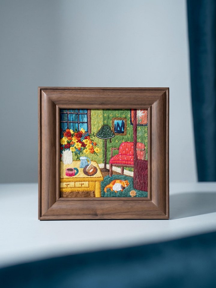 Spring Afternoon Impression Embroidery Artwork in Artisan Solid Wood Frame (14.7 x 14.7cm) product image (1)
