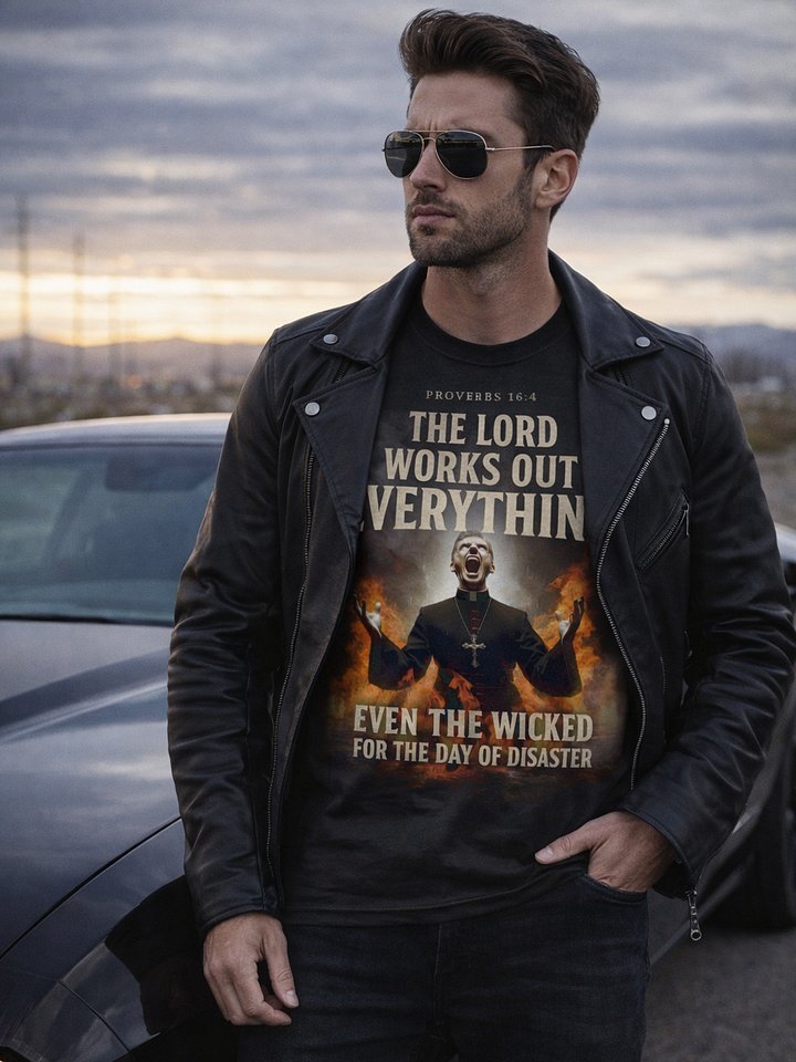 Day of Disaster Bible Verse T-Shirt – Christian Proverbs 16:4 Scripture Graphic Tee, Fiery Judgment Priest Artwork Faith Shirt, Bold Religious Warning Apparel product image (2)