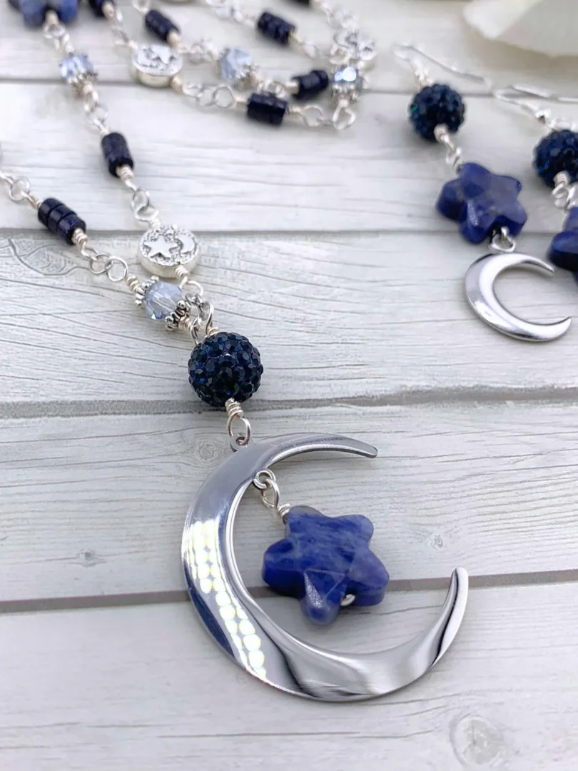Crescent Moon and Sodalite Blue, Silver Necklace and Earrings Set product image (2)