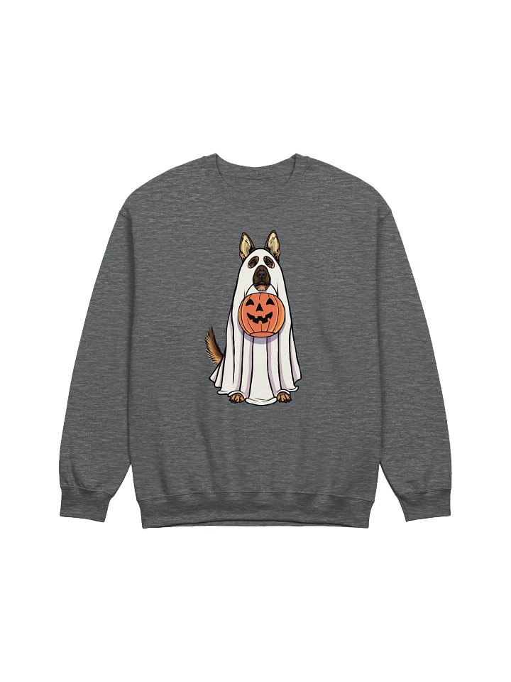Funny Halloween German Shepherd Sweatshirt | Funny GSD Wearing a Ghost Costume and Holding a Pumpkin Basket product image (1)