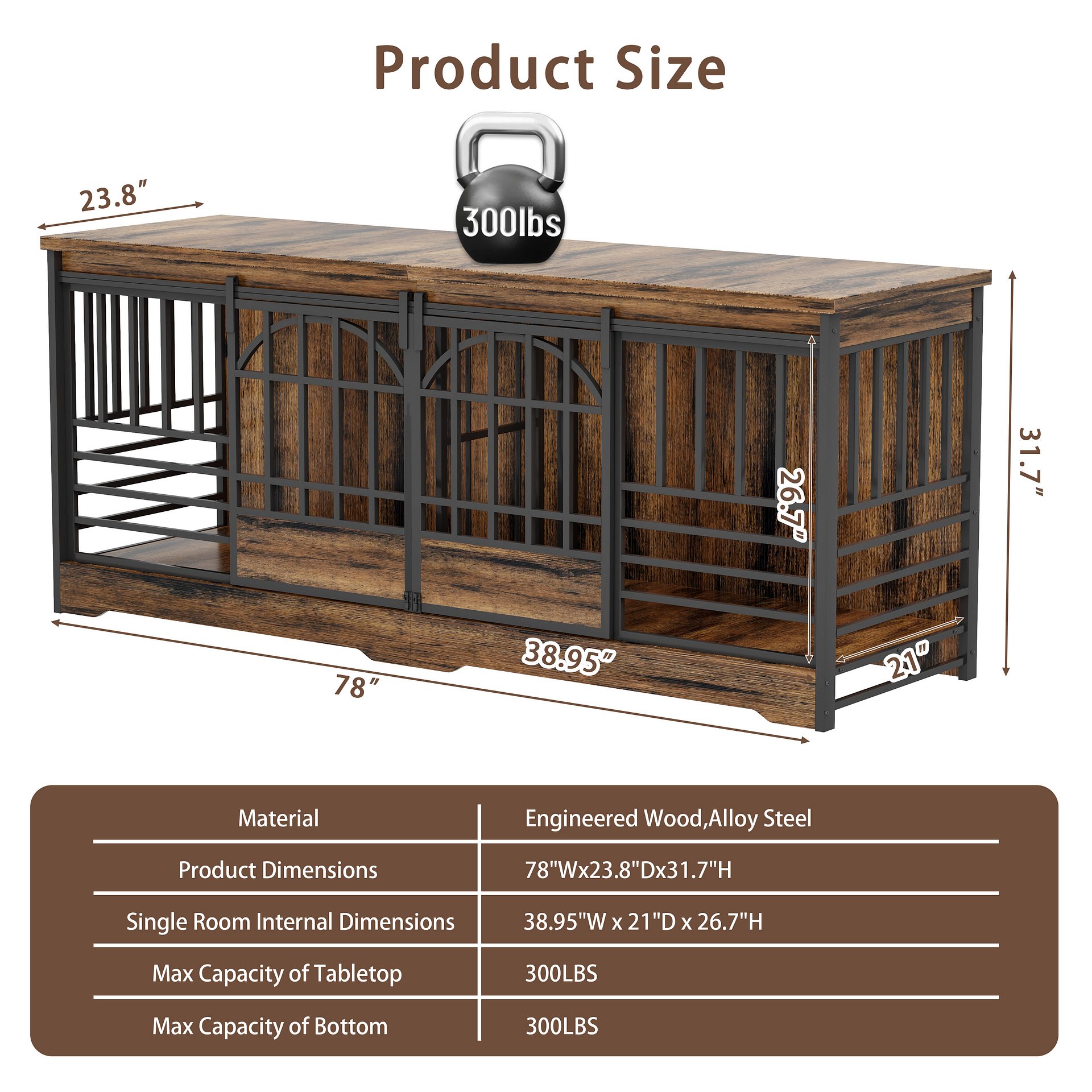 78 Inch Double Dog Crate Furniture, Extra Large Dog Kennel Indoor with Divider, Heavy Duty Dog Cage for 2 Dogs, Decorative Wooden Dog House Decorative Table TV Stand, Pet House for XLarge Dogs,Brown product image (12)