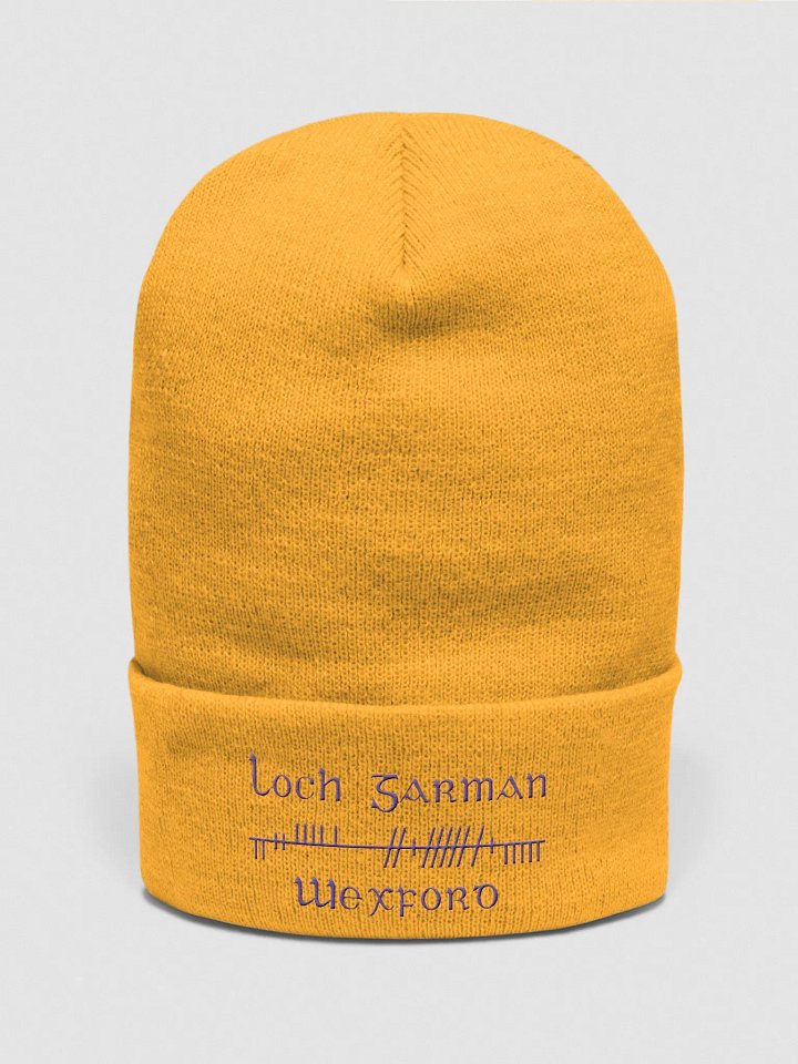 Wexford/Loch Garman, yellow with purple, Orthodox style Ogham embroidered Cuffed Beanie product image (1)