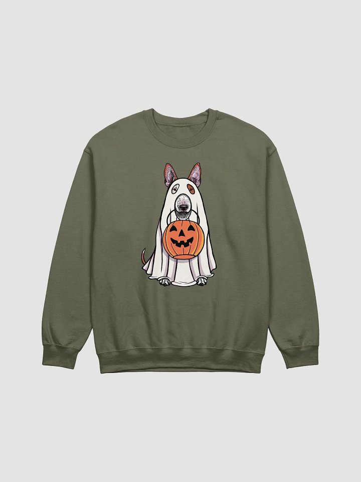 Funny Halloween Bull Terrier(Red) Sweatshirt | Funny Dog Wearing a Ghost Costume and Holding a Pumpkin Basket product image (1)