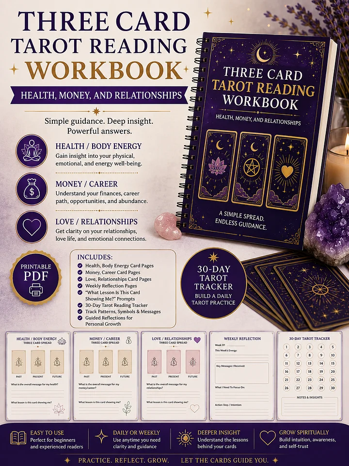 Three Card Tarot Reading Workbook: Health, Money, and Relationships product image (1)