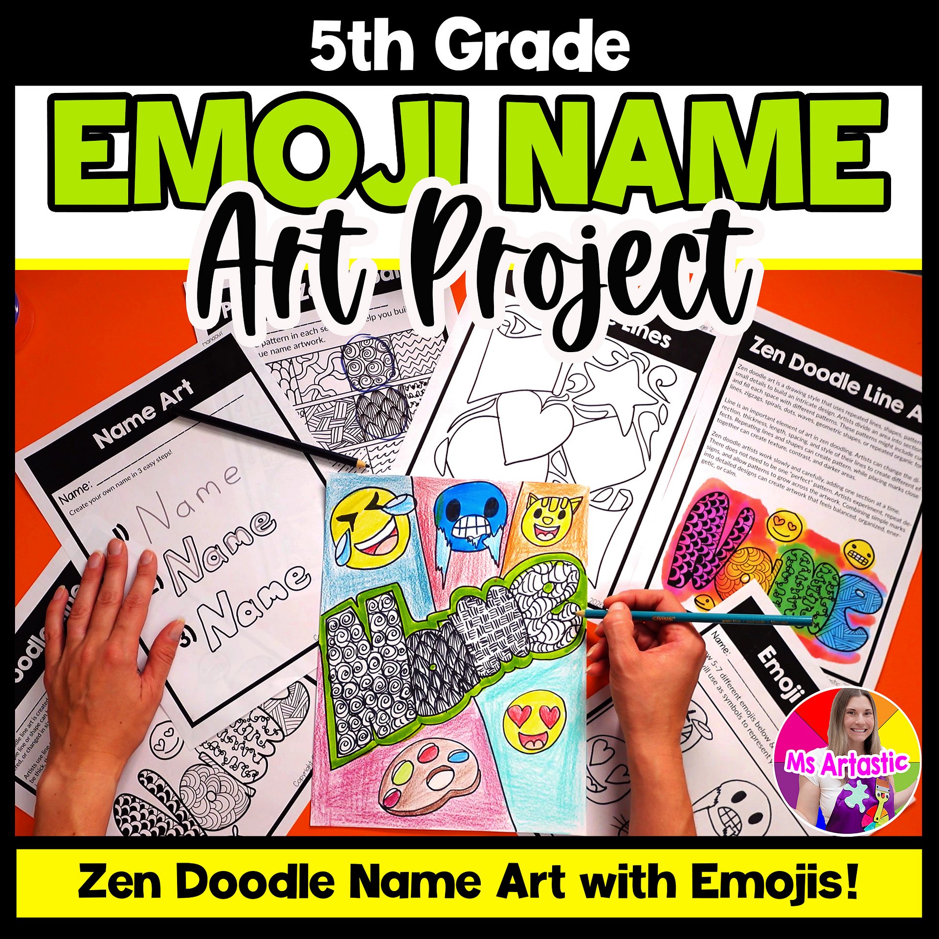 5th Grade Name Art Grade 5 Emoji Art Project Zen Doodle Line Art Back to School product image (1)