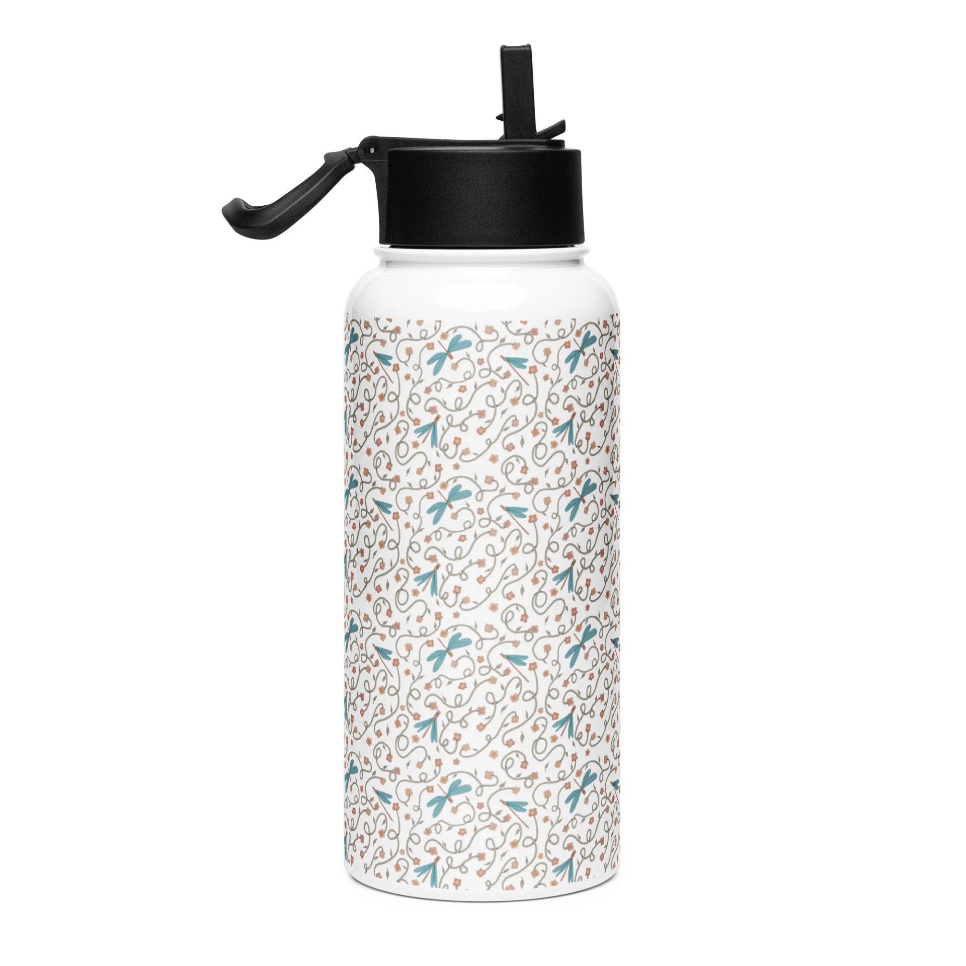 Stainless steel water bottle with straw lid. Dragonfly and floral artistic design product image (4)
