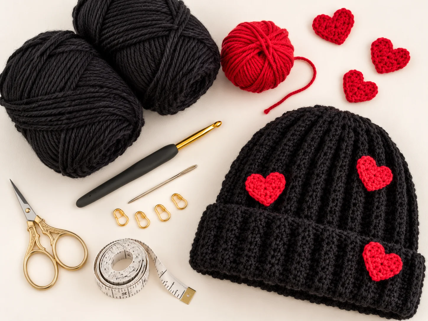 Crochet Heart Beanie Pattern PDF | Beginner Ribbed Crochet Hat with Heart Appliqués product image (4)