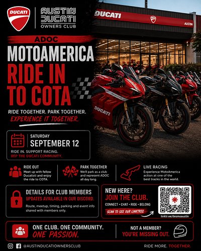 🏁 ADOC × MOTOAMERICA 🏁

MotoAmerica is coming to COTA, and ADOC is rolling in together. 🏍️🏍️🏍️

Meet up with fellow Ducatisti...