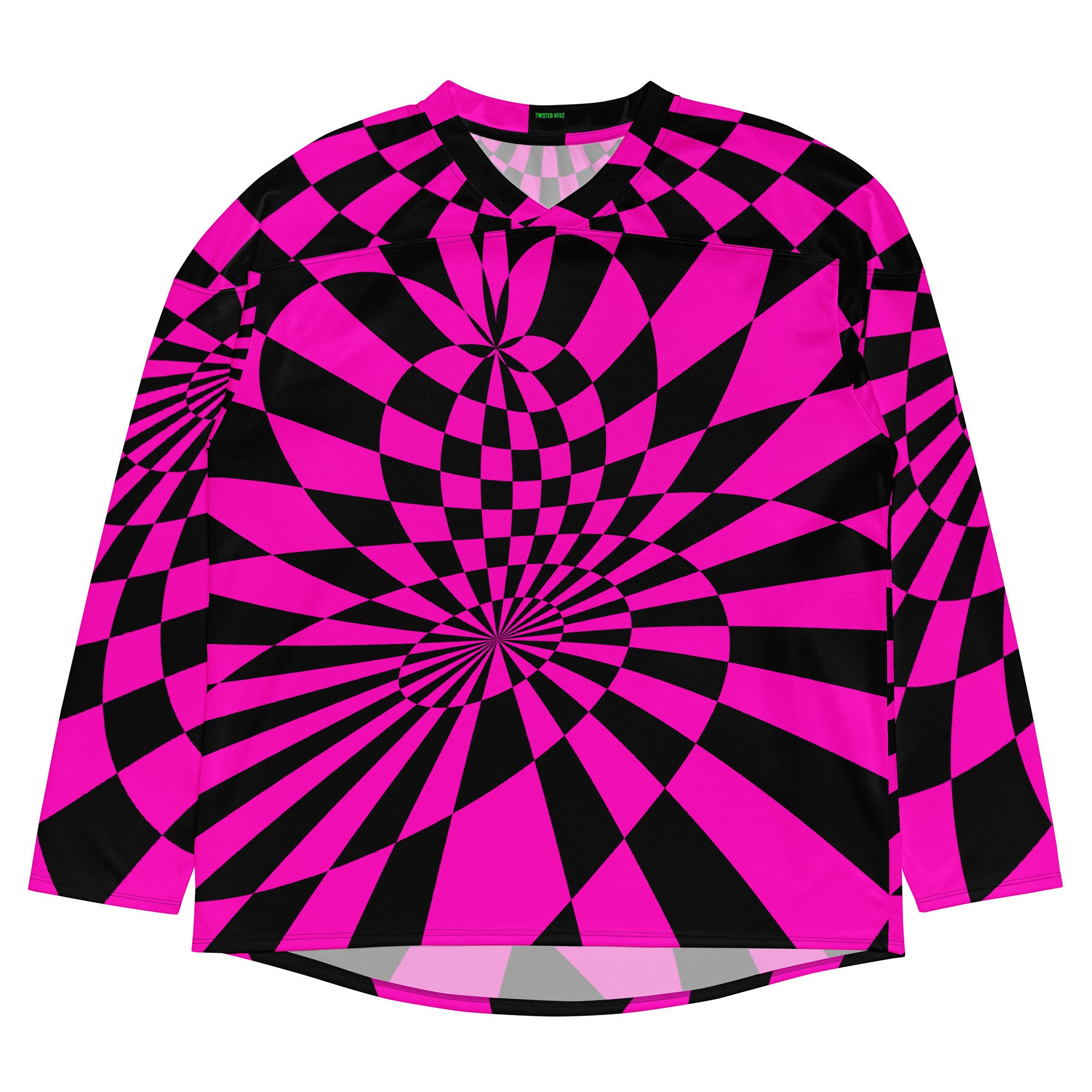 Trippy Techno Rave Hockey Jersey, Original Art EDM Shirt, Psychedelic Checkers Retro Top, Twisted Neon Pink Black Comfy Alternative Clothing product image (4)