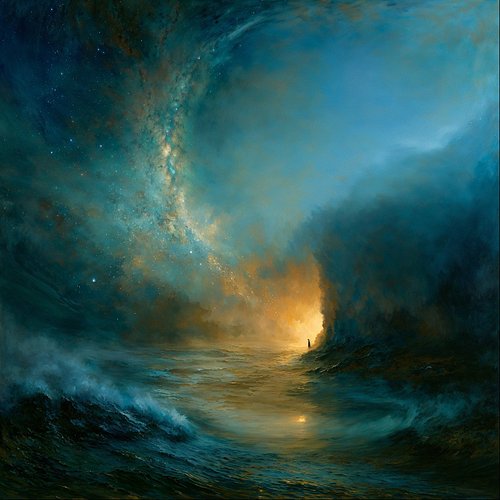 She stands alone in the golden light, and the cosmos bends to meet her. Above, a galaxy spirals in teal and gold, stars scatt...