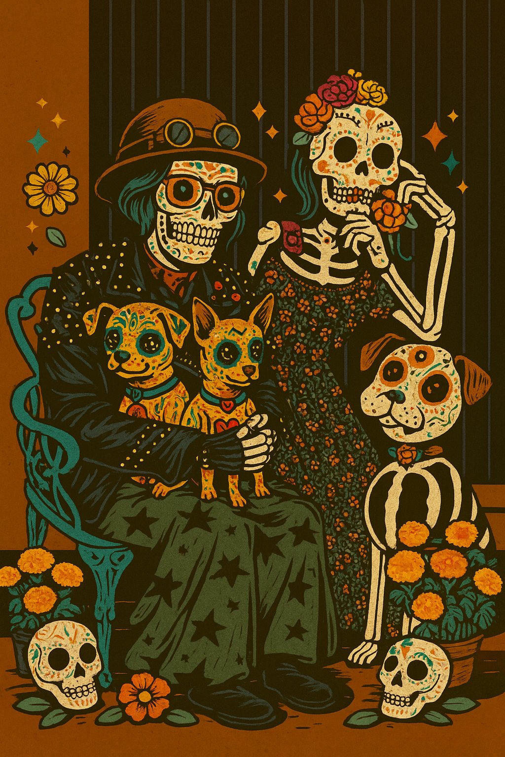 Calavera Family with Dogs — Día de Muertos Thin Canvas Wall Art | Mexican Folk Art Dog Decor product image (4)