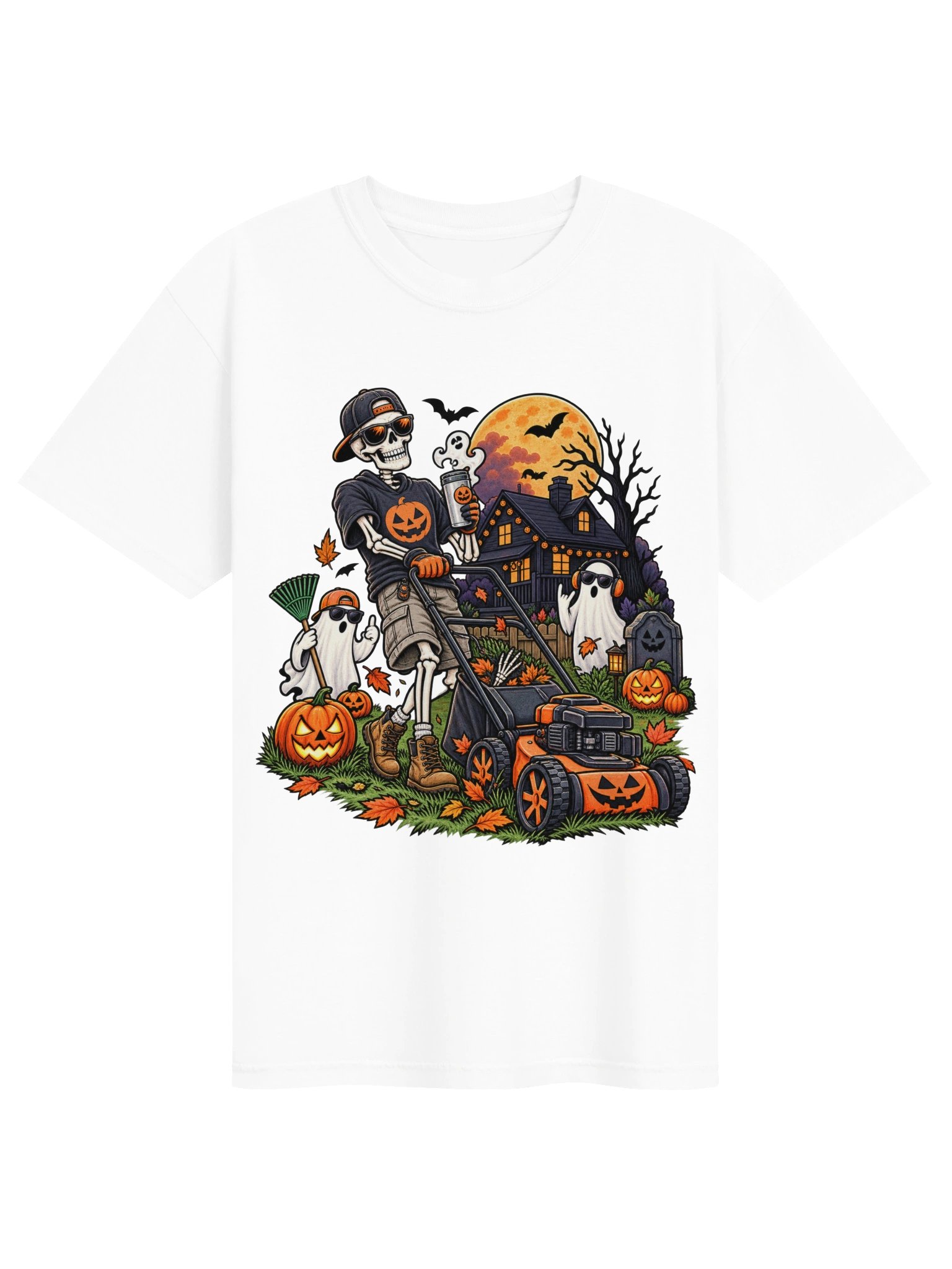 Funny Skeleton Mowing Lawn Halloween Shirt | Spooky Ghost Graphic Tee | Jack O Lantern Yard Work Shirt | Halloween Gift product image (2)