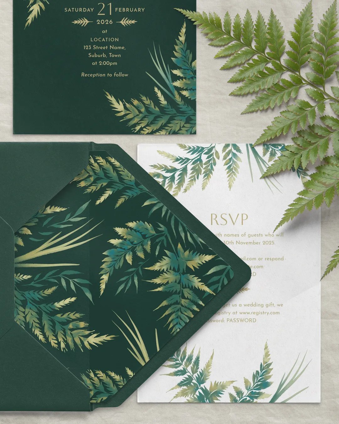 Watercolour Ferns Wedding Invitation Suite - Green product image (7)