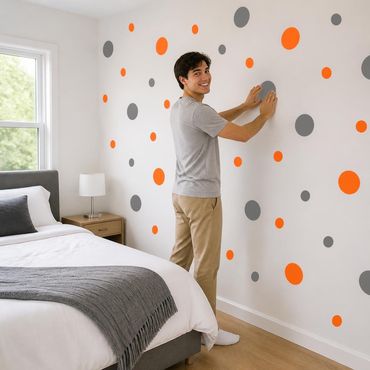 Grey and Orange Polka Dot Wall Decals, 2" and 4" Vinyl Circle Stickers, Removable Dot Decals for Nursery, Kids Room, Playroom product image (4)