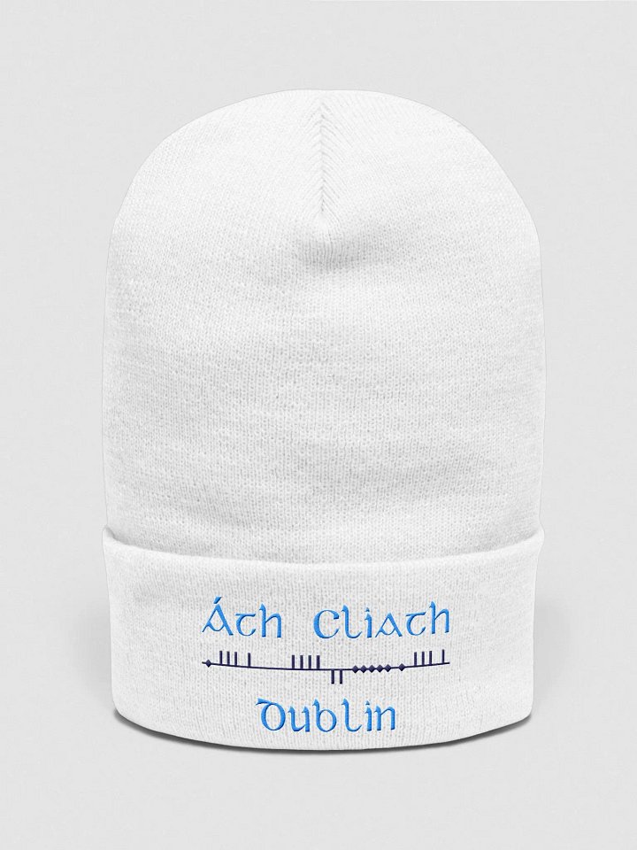 Dublin/Áth Cliath Scholastic style Ogham, Light Blue and Navy, embroidered Cuffed Beanie product image (1)