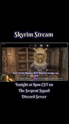 The Dragonborn returns TONIGHT! 🐉🖤💜

Skyrim stream at 8PM CST in The Serpent Squad Discord Server.

Will there be chaos? Abso...