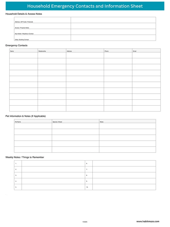 Household Emergency Contacts and Information Sheet product image (1)