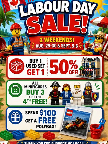 Labour Day Dale starts Today!

Join us this weekend AND next for our Labour Day weekend sale!

All used sets, buy 1 get 1 50%...