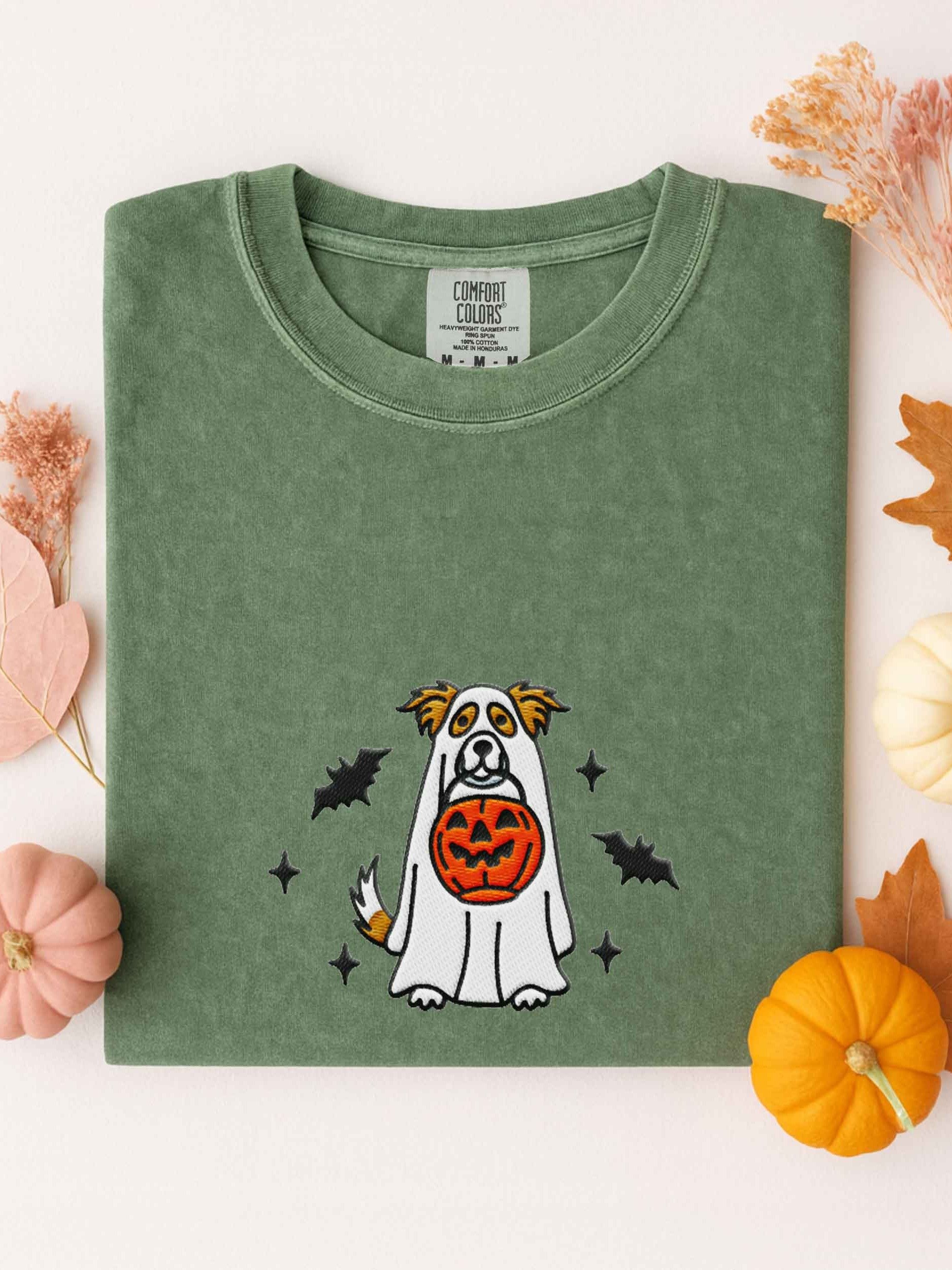 Halloween Border Collie(Brown & White) Embroidered T-Shirt product image (1)