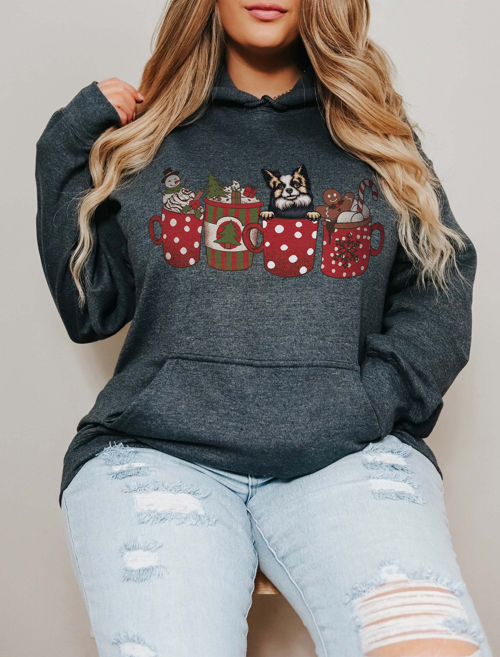 Cute Longhaired Chihuahua(2) in a Christmas Cup Hooded Sweatshirt | Funny Christmas Pup in a Cup product image (1)