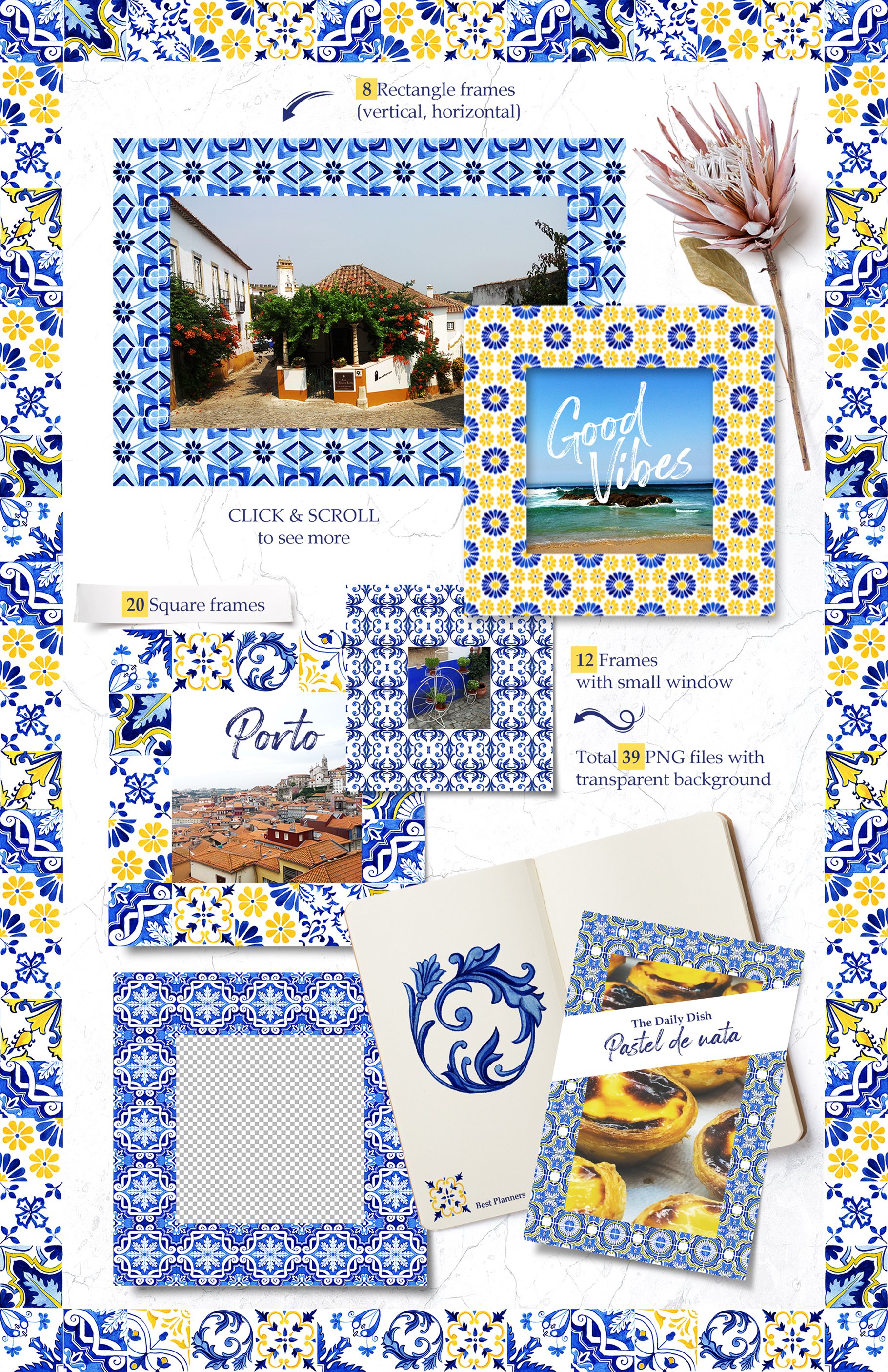 Portuguese Azulejos Tiles & Patterns Watercolor Clipart and Seamless Patterns BUNDLE product image (12)