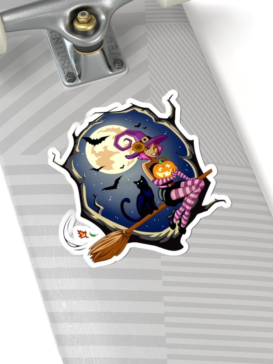 Whimsical Halloween Witch Vinyl Decal – Sunflower Hat Cartoon Kiss-Cut Sticker product image (2)