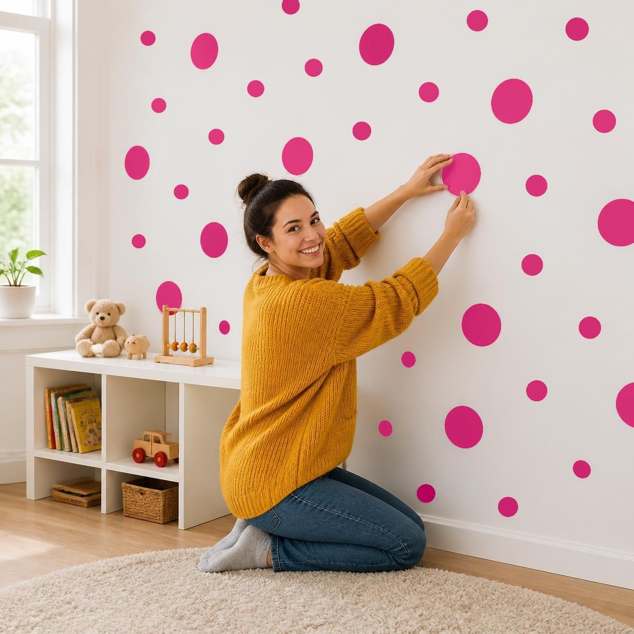 Hot Pink Polka Dot Wall Decals, 2" and 4" Vinyl Circle Stickers, Removable Dot Decals for Nursery, Kids Room, Playroom product image (2)