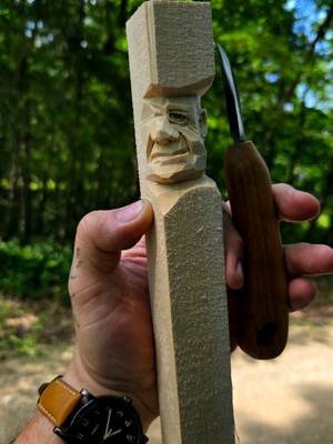 Doodling on a block of wood with a knife.  Found this dude in there, but he's awfully silent.  seems shy. Basswood, 1.5inch x 1.5 inch stick.  #woodcarving #whittling #caricaturecarving #woodart #woodcarver 