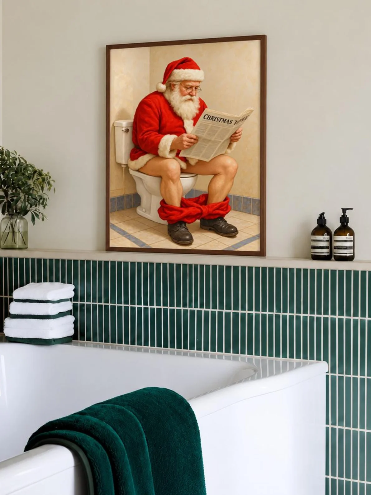 Funny Santa Toilet Print, Christmas Bathroom Wall Art, Reading Newspaper Poster, Quirky Winter Holiday Decor, Printable Gift for Powder Room product image (3)