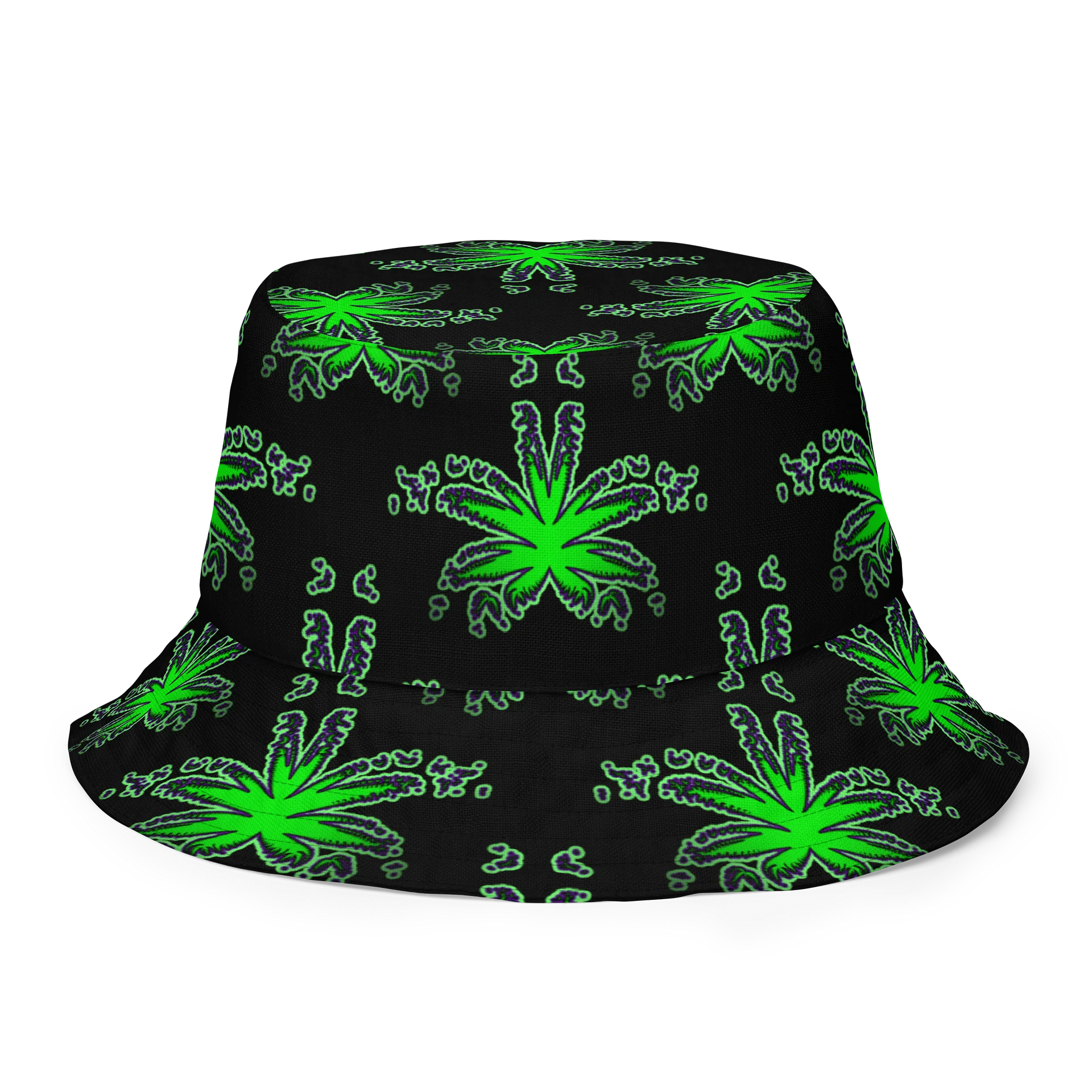 Cannabis Reversible Bucket Hat, 420 Rave Stoner Accessory, Pot Leaf Pattern Festival Fashion, Black Neon Green Purple Weird Weed Art product image (5)