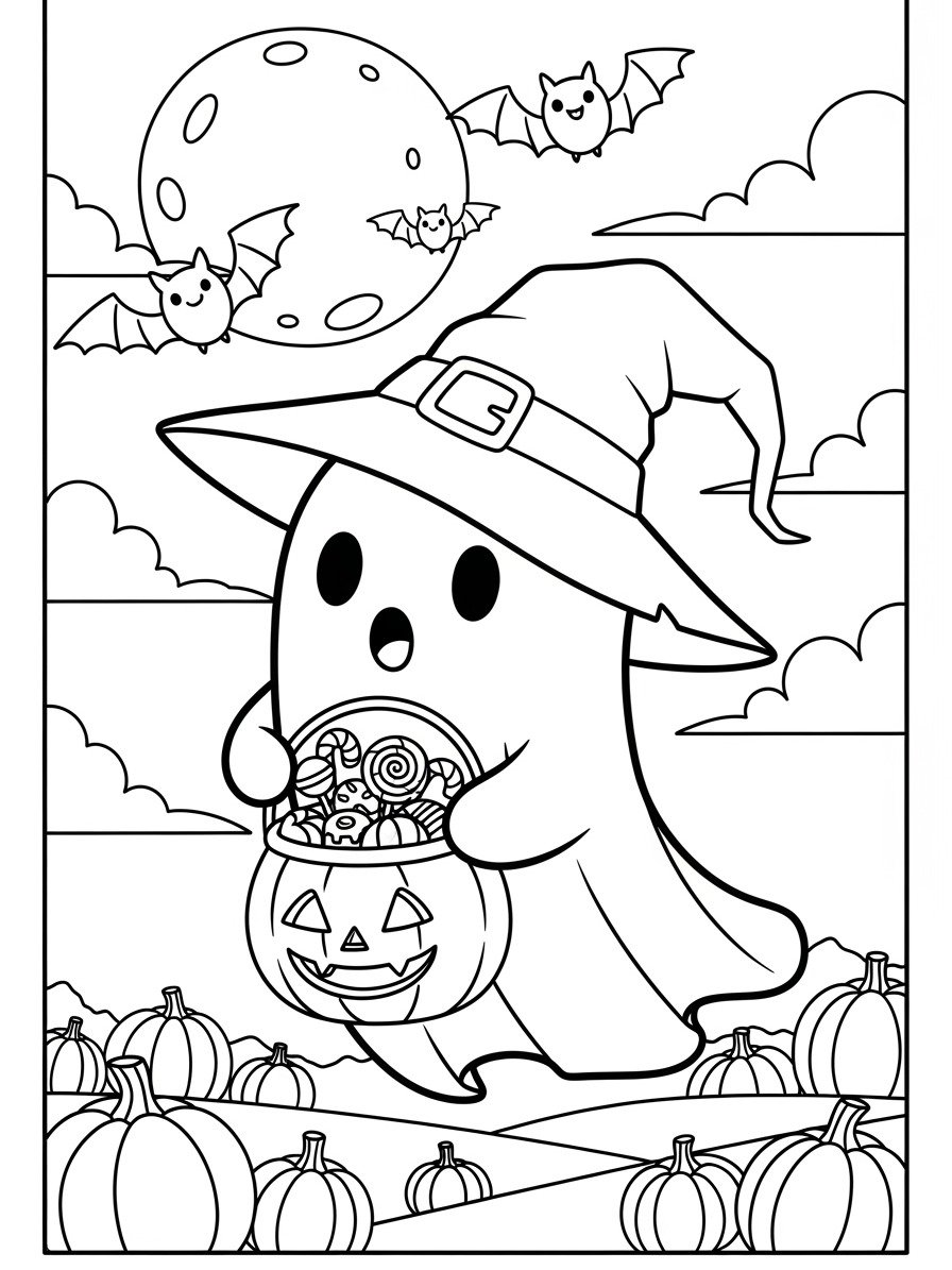 Cute Ghost Halloween Coloring Pages | 5 Printable Spooky Fun Sheets for Kids & Adults | Kawaii Witch Ghost, Pumpkins & Bats | Instant Download PDF product image (8)