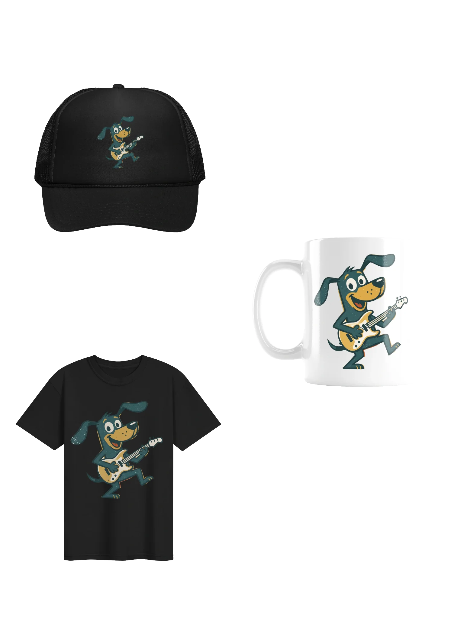 Retro Dog Bassist Bundle – T-Shirt, Trucker Hat & Mug Set, Vintage Dog Playing Bass Gift for Musicians & Dog Lovers product image (1)
