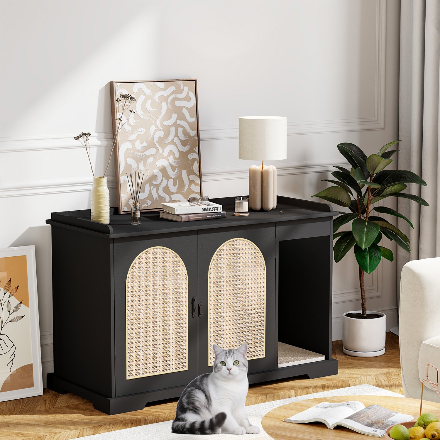 Black Hidden Cat Litter Box Furniture Indoor Wooden Cat Litter Box Enclosure with Double Movable Doors and Divider for Living Room Washroom product image (10)