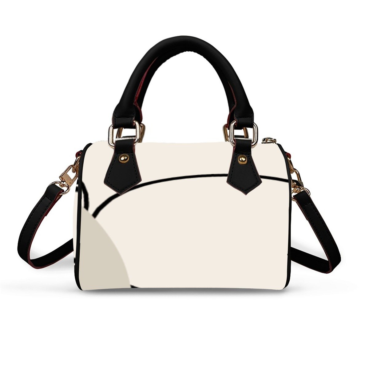 Cream Minimal Barrel Bag – Ivory & Black Structured Mini Handbag with Gold Hardware & Crossbody Strap product image (2)