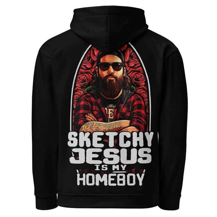 "Sketchy Jesus Is My Homeboy" All-Over Print Recycled Unisex Hoodie product image (1)
