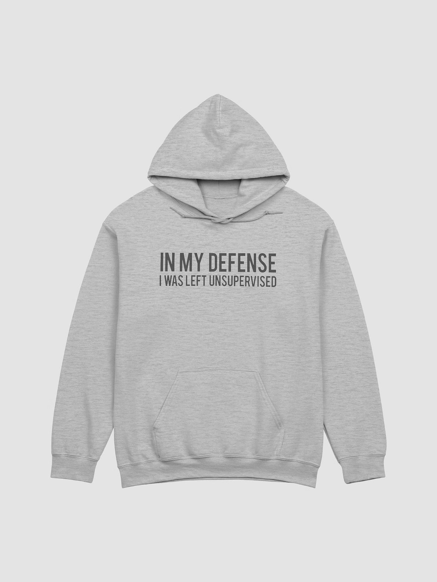 Sport grey “In My Defense I Was Left Unsupervised” unisex hoodie with midweight fabric and regular fit