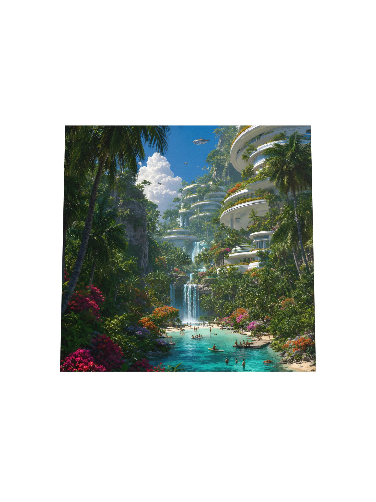 Futuristic Tropical Paradise Poster, Sci Fi Jungle Waterfall City, Fantasy Island Wall Art product image (6)